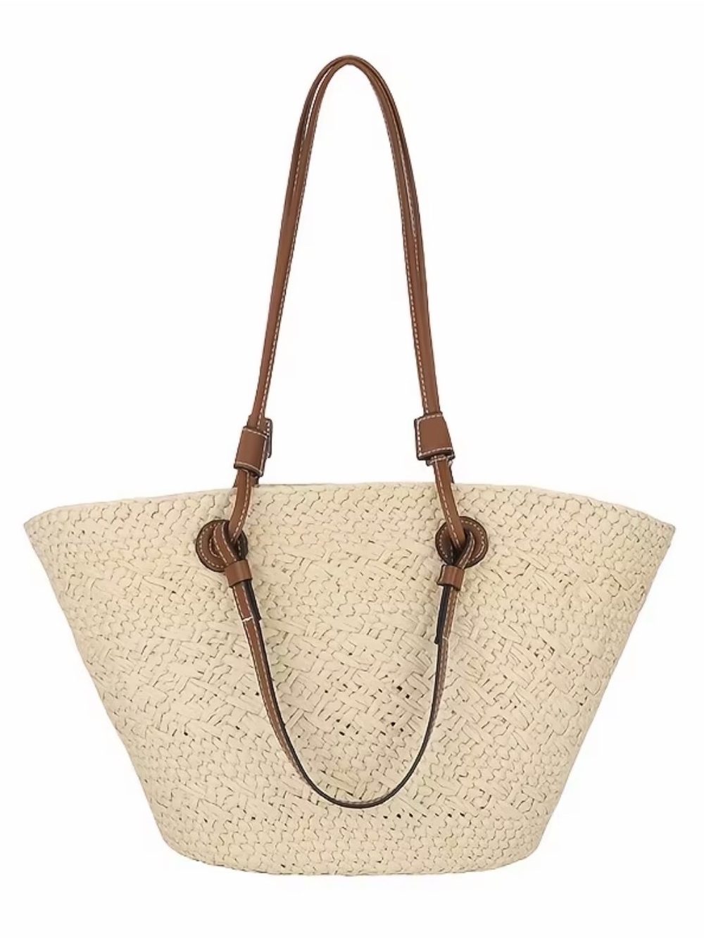 Woven Straw Tote Bag with Brown Leather Handles
